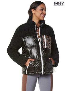 MARC NEW YORK WOMEN NWT BOO FAUX SHEPRA MIXED MEDIA PUFFER BLACK JACKET. SIZE M